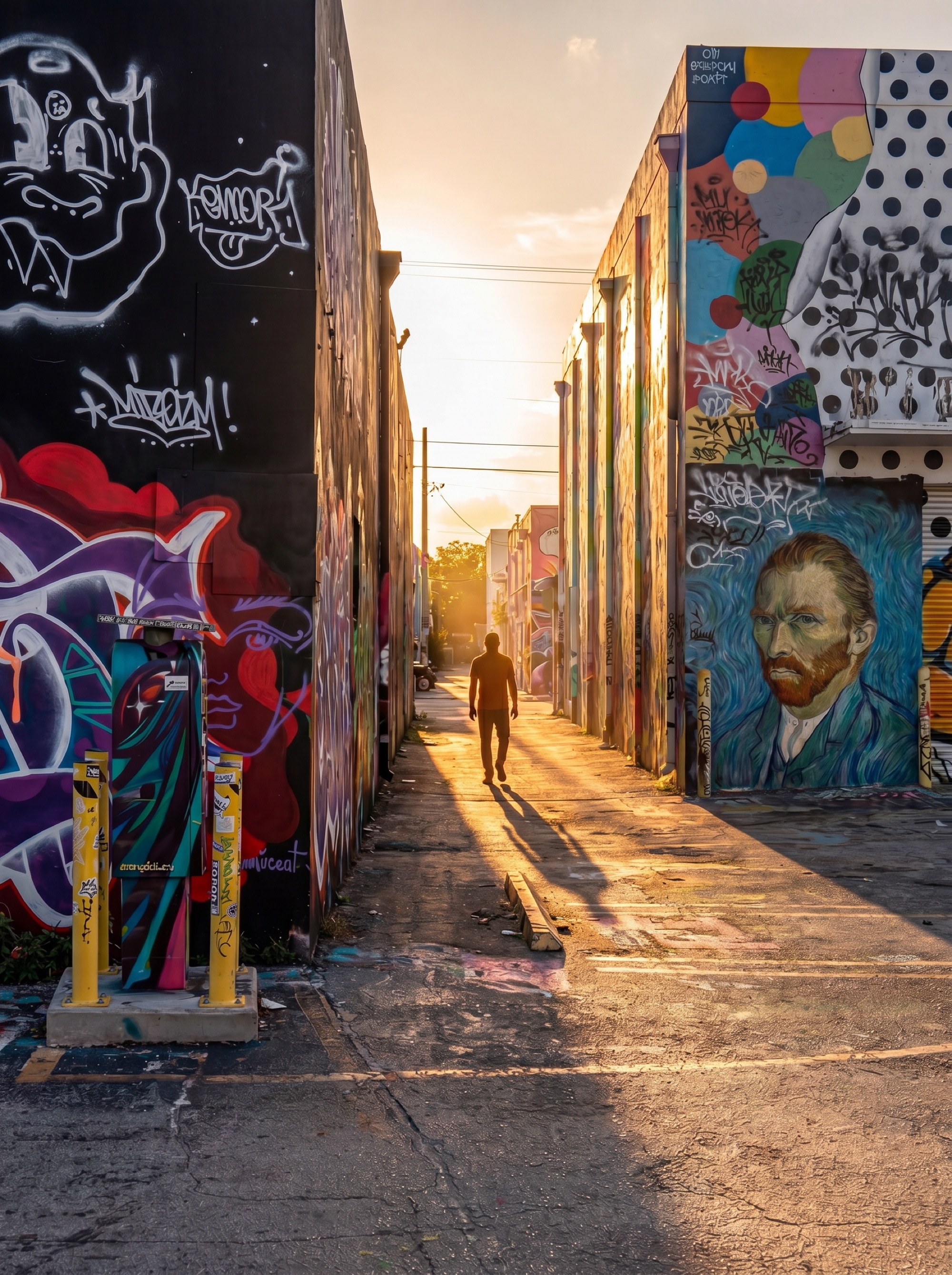 Wynwood alley covered in layered abstract street art