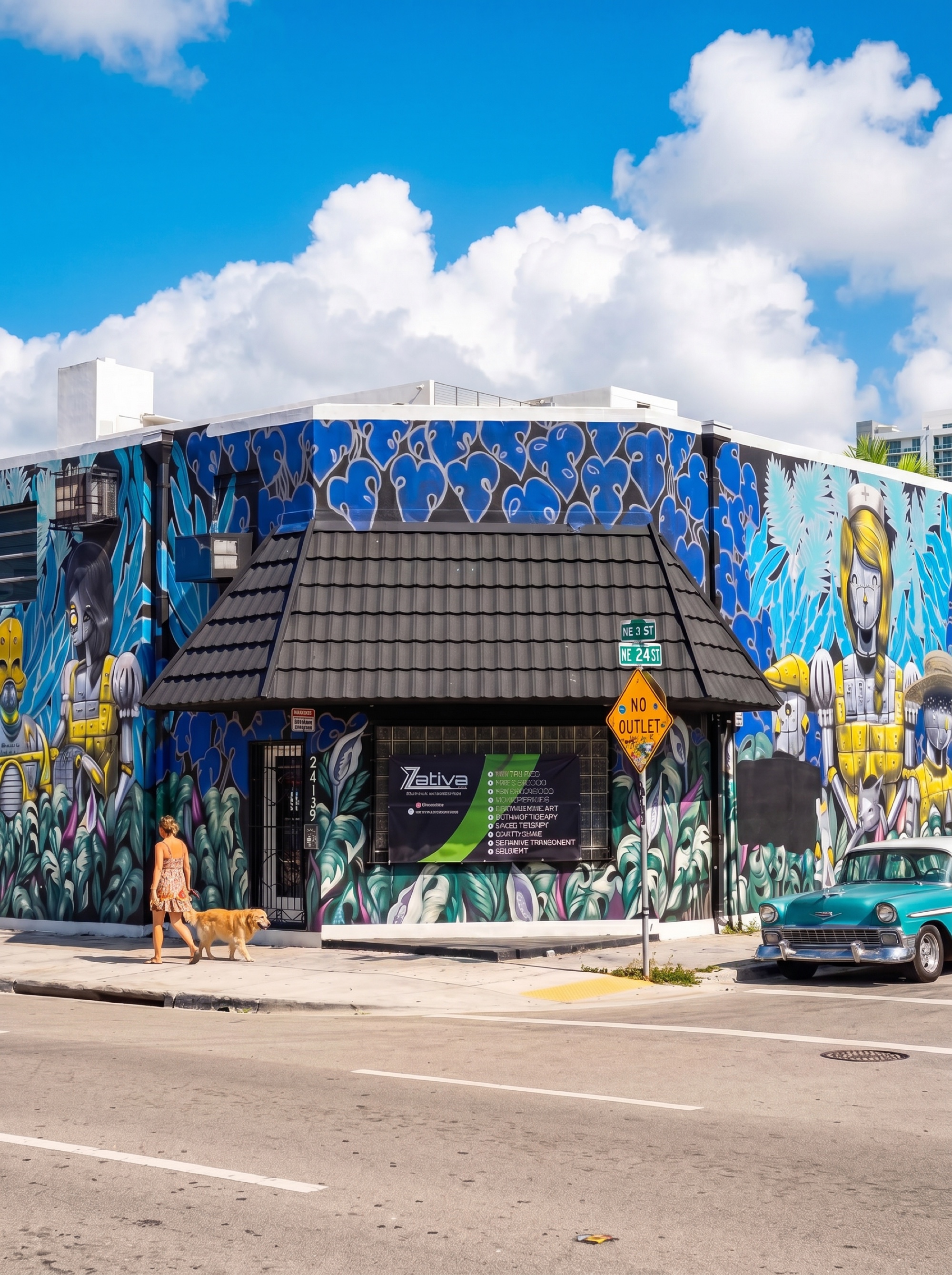 Wynwood corner store covered in graffiti with a pink palm tree