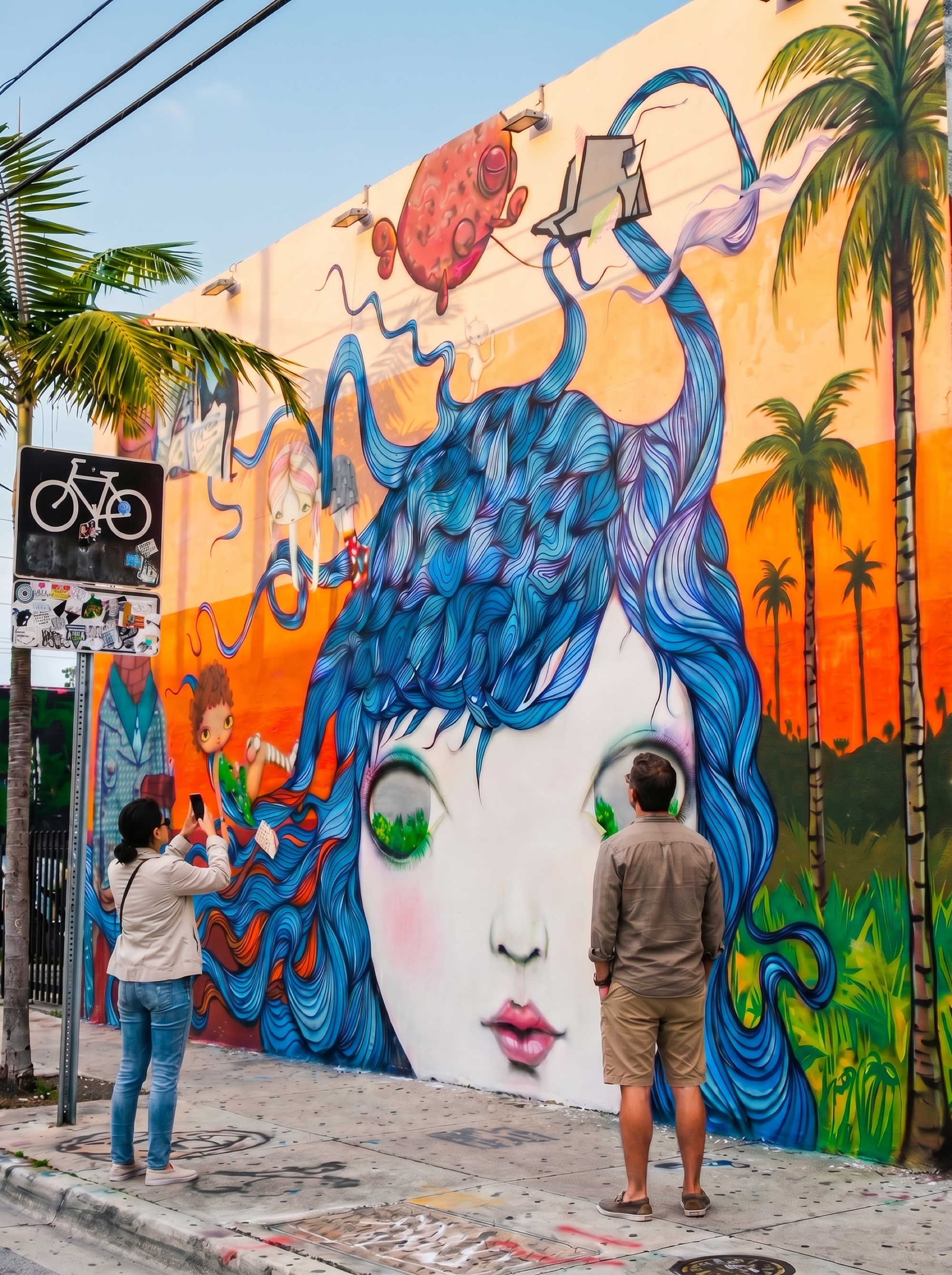 Figurative Wynwood mural of a girl with blue flowing hair and a pink animal