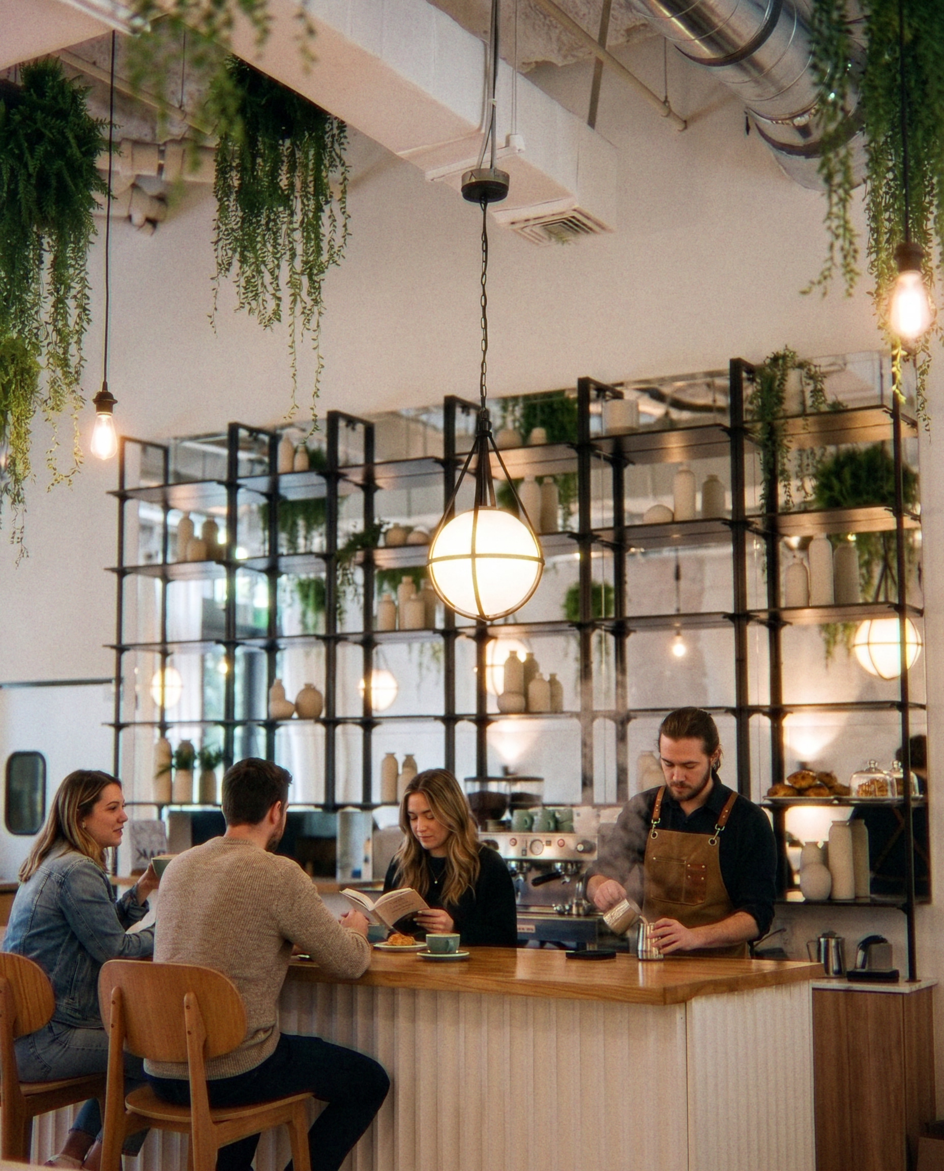 Bar detail with globe lamps and black shelving inside Ventura Wynwood